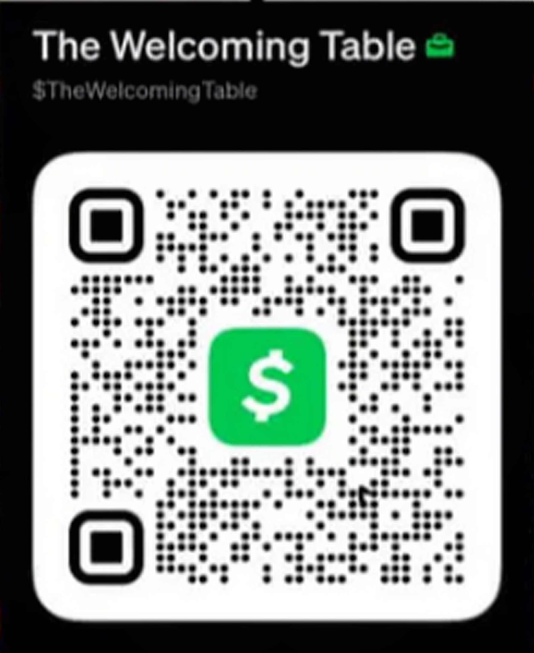 QR Code to contribute directly to The Welcoming Table via CashApp